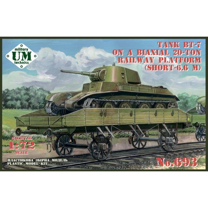 1/72 BT-7 tank on a biaxial 20-ton railway platform (short - 6.6m)