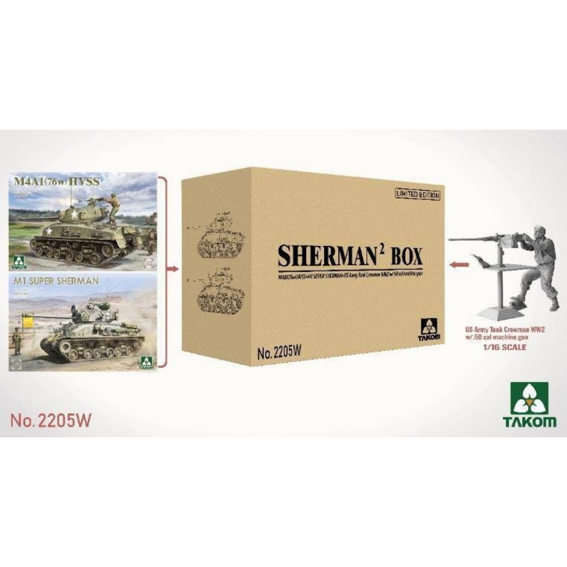 1/35 SHERMAN BOX M4A1(76W) HVSS+M1 SUPER SHERMAN+US Army Tank Crewman WW2 w/.50 cal machine gun