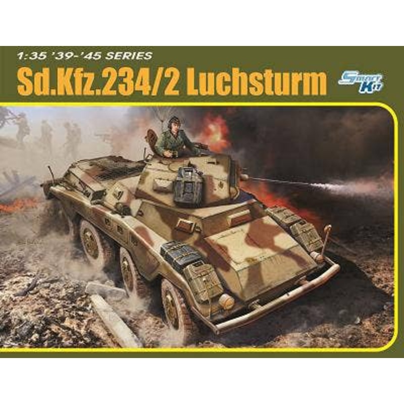 1/35 WWII German Army 8-wheeled heavy armored car Sd.Kfz.234/2 with Lux turret, metal vehicle width pole, metal smoke grenade launcher & smoke grenades, 3D printed muzzle brake, 1 figure included, luxurious specifications