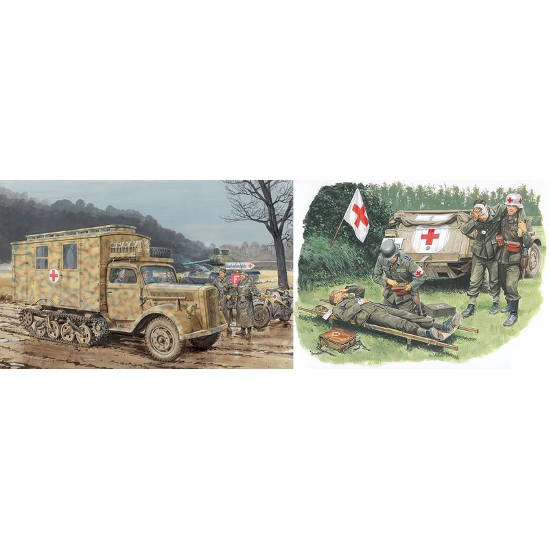 1/35 WW.II German Army Sd.Kfz.3 Maultier Field Ambulance w / Medic & Injured Soldier Figure