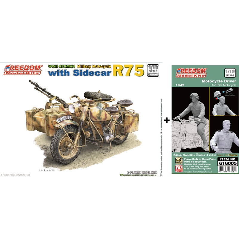 1/16 WW2 German R75 Motorcycle w/ Sidecar & Rider Figure
