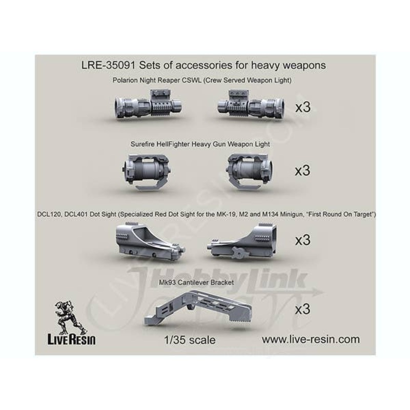 1/35 Set of Accessories for Heavy Weapons Polarion Night Reaper CSWL Surefire HellFighter Heavy Gun Weapon Light, Mk93 Cantilever Bracket DCL120