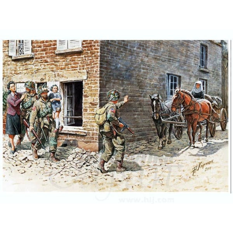 1/35 France 1944 (3 US Paratroopers + Civilian Horse-drawn Vehicle)