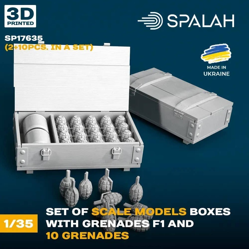 1/35 Set of scale models Boxes with grenades F1 (2 psc) and 10 Grenades.