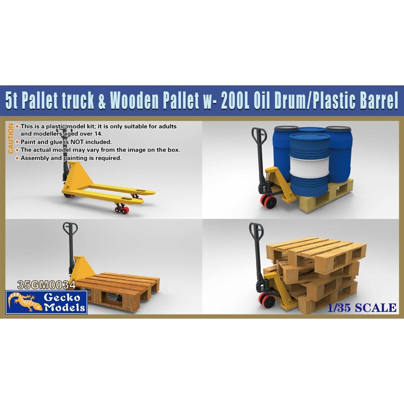 1/35 5t Pallet Truck & Wooden Pallet w- 200L Oil Drum-Plastic Barrel Set