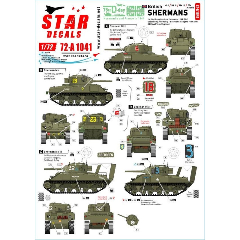 1/72 British Shermans 75th D-Day Special Sherman Mk I/Mk II/Mk III/Mk I Hybrid