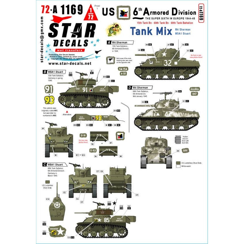 1/72 US 6th Armored Division # 3. Tank Mix. M4 Sherman, M5A1 Stuart.