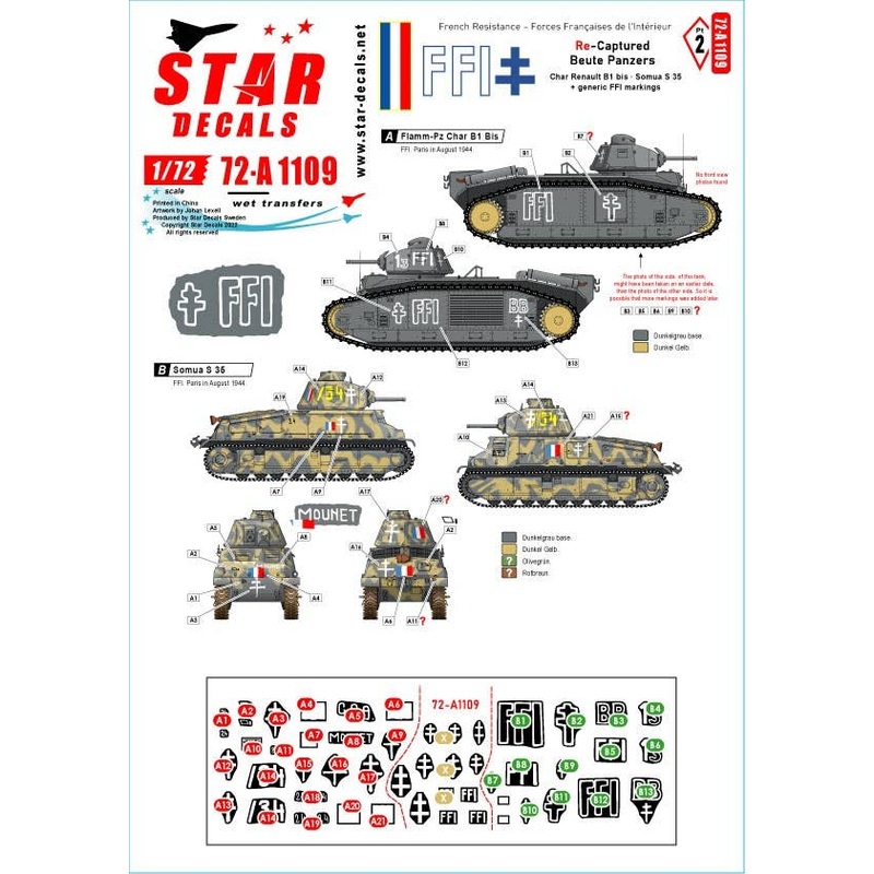 1/72 WW.II FFI #2 French tank Renault B1bis Somua S35 Recaptured by the French Home Army (FFI) and His FFI Marking (General Purpose type)
