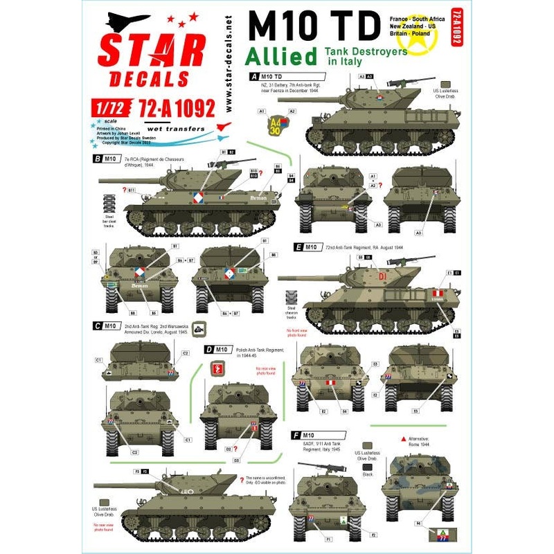 1/72 WW.II US / British Federation M10 TD Allied Tank Destroyers in Italy France / South Africa / New Zealand / US / UK / Poland