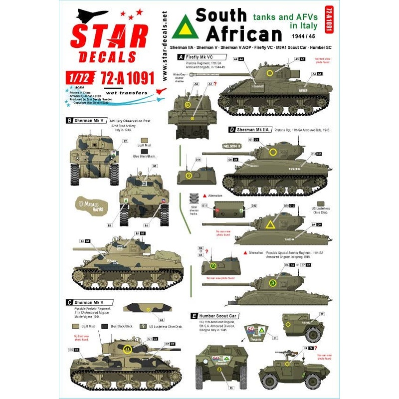 1/72 WW.II US / UK South African Tank and AFVs in Itary Sherman IIA Firefly VC Sherman V AOP M3A1 Scout Car Humber SC