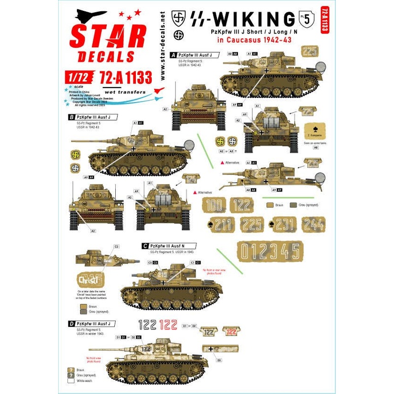 1/72 WWII German Viking Division #5 Panzer III Type J (short barrel) / Type J (long barrel) / Type N Caucasus 1942-43