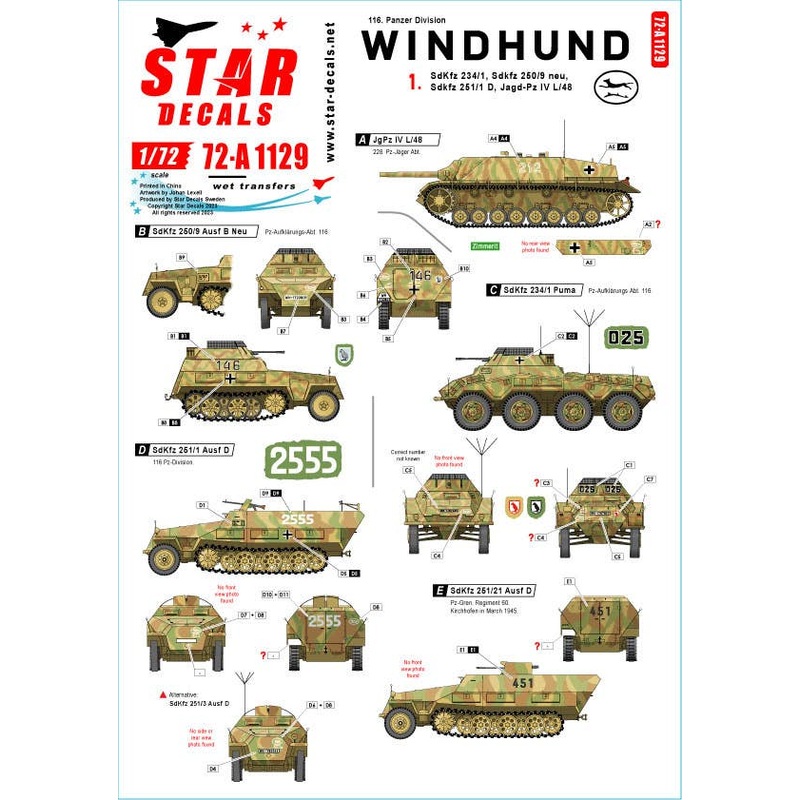 1/72 WWII German Windhund Unit #1 116th Panzer Division Windhund Sd.Kfz.234 / 1 / Sd.Kfz.250 / 9 Neu / Sd.Kfz.251 / 1 Ausf.D / Jagdpanzer IV L / 48