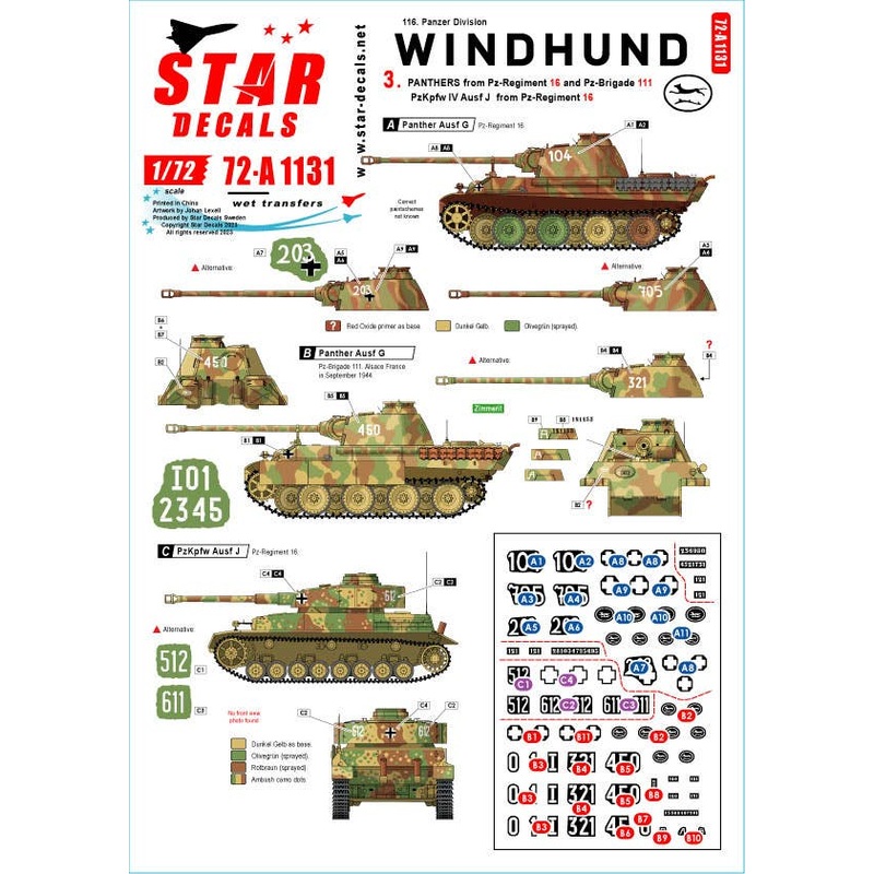 1/72 WWII German Windhund Unit #3 16th Tank Regiment / 111th Panzer Brigade Panther Tank G and 116th Panzer Division Panzer IV J