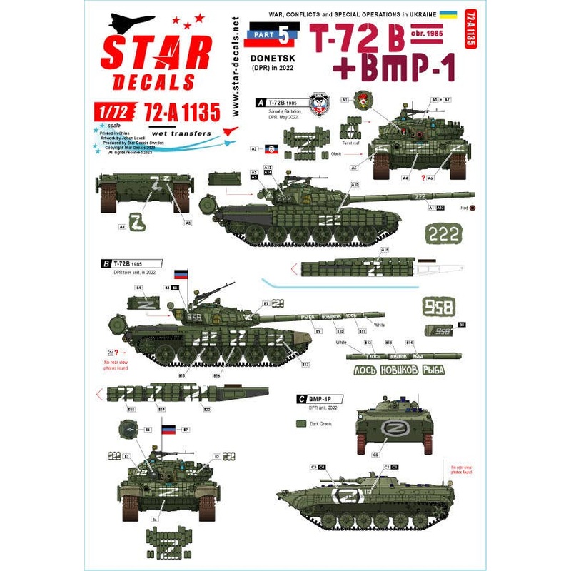 1/72 Current Use War in Ukraine #5 Donetsk T-72B (Mod.1985) Main Battle Tank and BMP-1 Infantry Fighting Vehicle (2022)