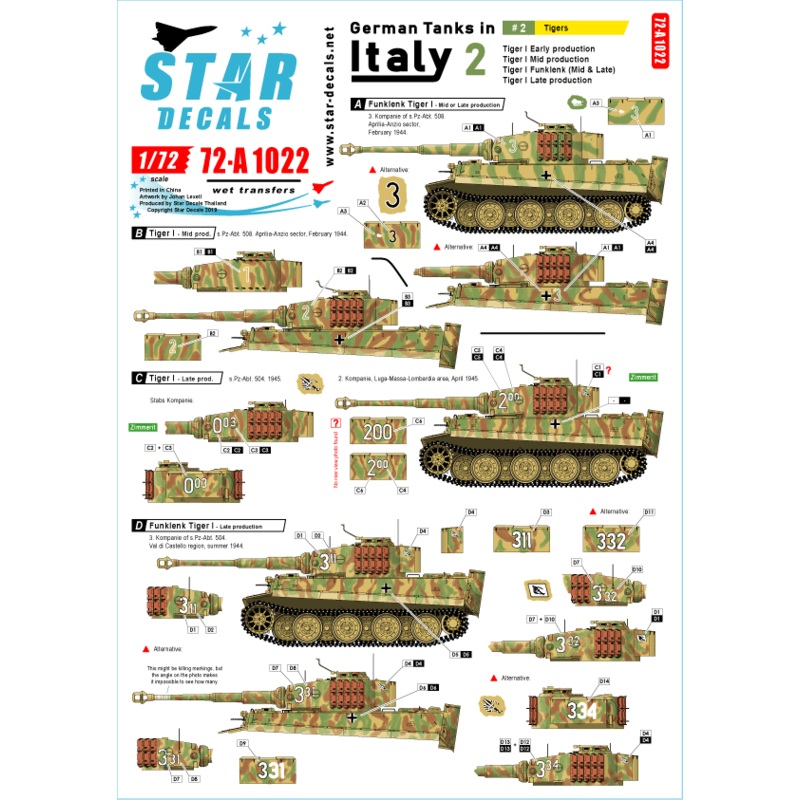 1/72 German Tanks in Italy #2 Tiger I Early, Tiger I Mid, Tiger I Late, Tiger I Funklenk (Fkl)