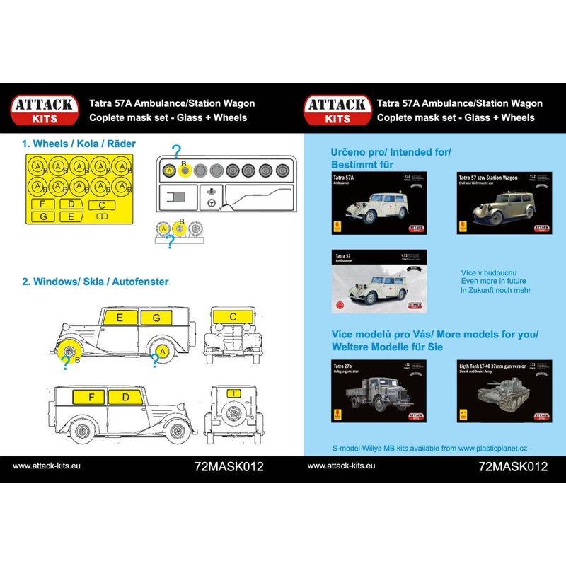 1/72 Tatra T57A Ambulance/Station Wagon- complete mask set (glass plus wheels) For Attack kits