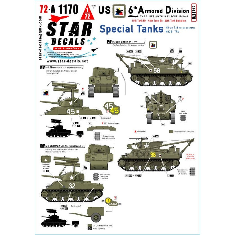 1/72 US 6th Armored Division # 4. Special Tanks. M4 with T34 Rocket Launcher and M32B1 TRV.