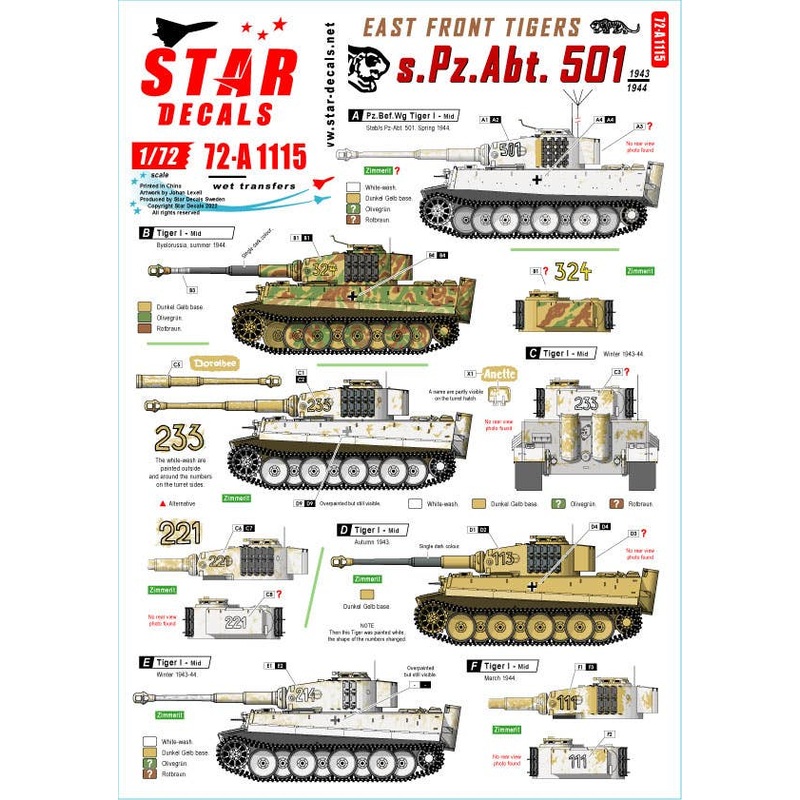 1/72 WWII German Eastern Front Tiger I 501st Heavy Armored Battalion Tiger I Heavy Tank / Command Tank Medium Production (1943-44)