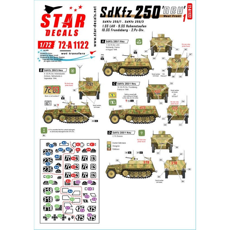 1/72 WWII German Western Front Sd.Kfz.250 Neu #1 2nd Panzer Division / 1st SS Panzer Division LAH / 9th SS Panzer Division Hohenstaufen / 10th SS Panzer Division Frunzberg