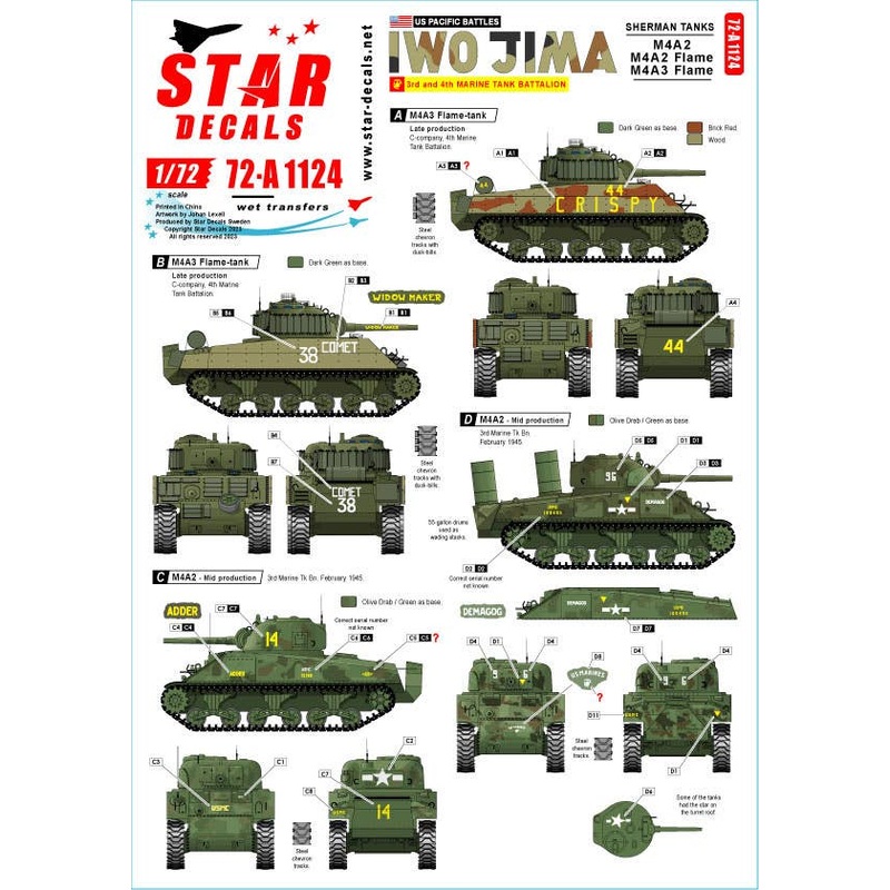 1/72 WWII US Pacific Front Battle of Iwo Jima USMC M4A2 Sherman Tank / M4A2 Flamethrower Tank / M4A3 Flamethrower Tank