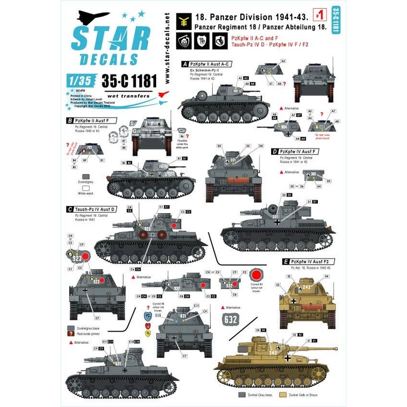 1/35 18 Panzer Division #1 Pz-Regiment 18 / Pz-Abteilung 18 PzKpfw II Ausf A-C and F, Tauch-Pz IV Ausf D, PzKpfw IV Ausf F and F2