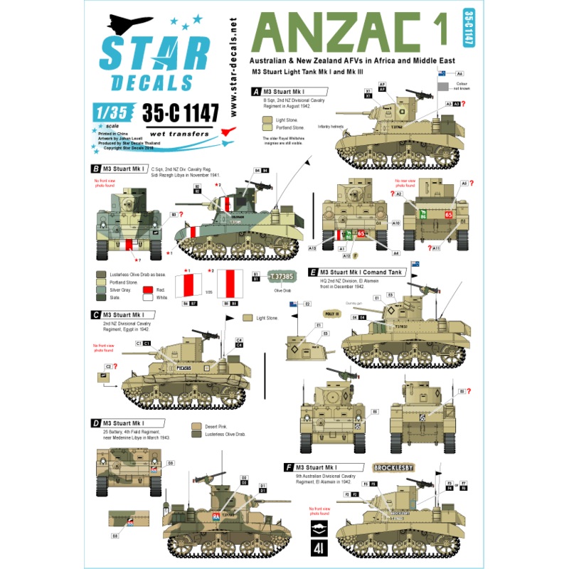 1/35 ANZAC #1 Australian & NZ AFVs in Mid-East and Africa M3 Stuart Light Tanks