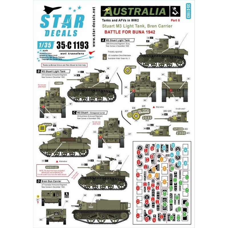 1/35 Australia Tanks and AFVs #5 Battle for Buna 1942 Stuart M3 Light Tank and Bren Carrier.CPT Kidd, CPT Blood, CPT Gore, Cabby, Berceuse, Bachilles