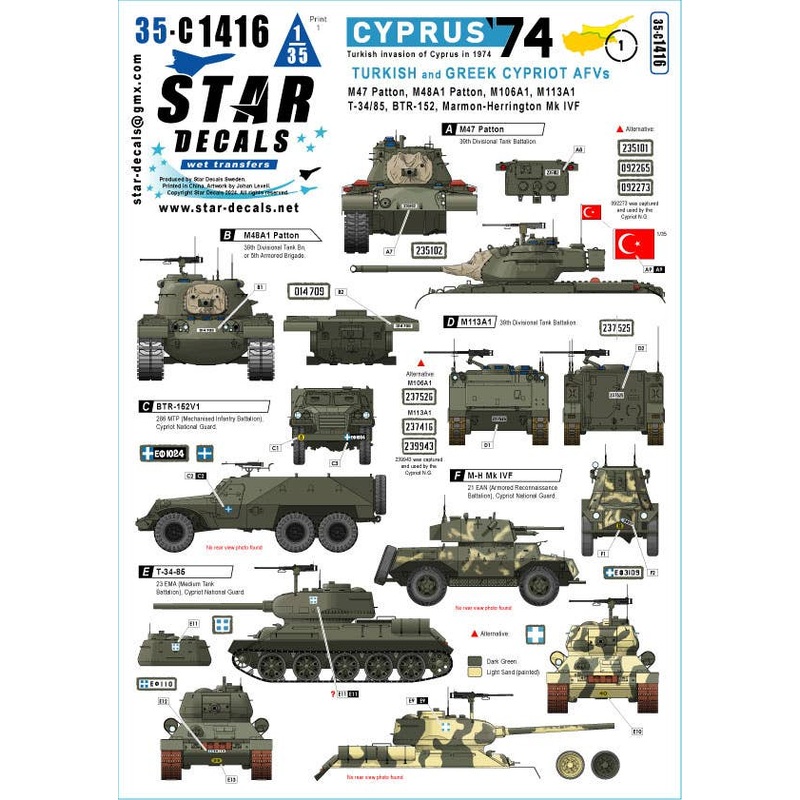 1/35 Cyprus 1974 # 1. Turkish and Greek Cypriot AFVs. M47, M48A1, M113A1, M106A1, T-34/85, BTR-152, Marmon-H Mk IVF.