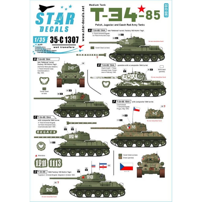 1/35 WW.II T-34 / 85 Medium Tank in Eastern European Countries Poland / Yugoslavia / Czech Red Army