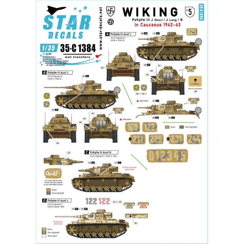 1/35 WWII German Viking Division #5 Panzer III Type J (Short Barrel) / Type J (Long Barrel) / Type N Caucasus 1942-43