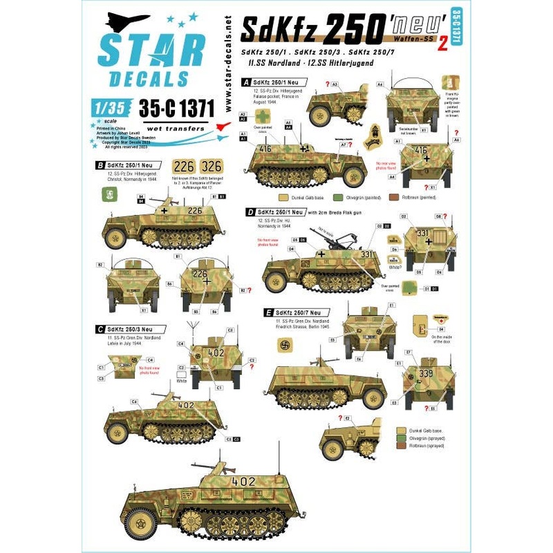 1/35 WWII German Western Front Sd.Kfz.250 Neu #2 Waffen-SS Marking Collection 11th SS Volunteer Armored Grenadier Division Nordland / 12th SS Armored Division Hitler Youth