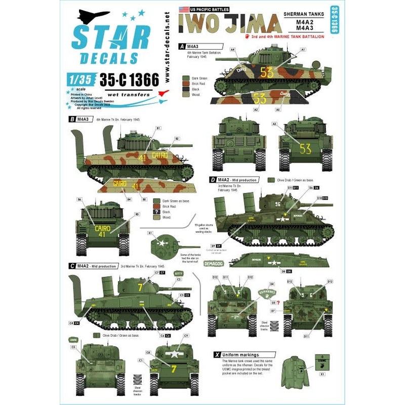 1/35 WWII US Pacific Front Battle of Iwo Jima M4A2/M4A3 Sherman Tanks of the 3rd/4th Tank Battalion of the United States Marine Corps