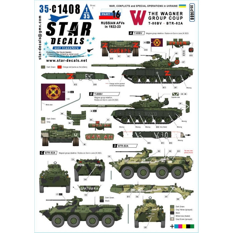 1/35 Current The War in Ukraine #14 Wagner Group Rebel T-80BV Tank / BTR-82A Armored Personnel Carrier (2023)
