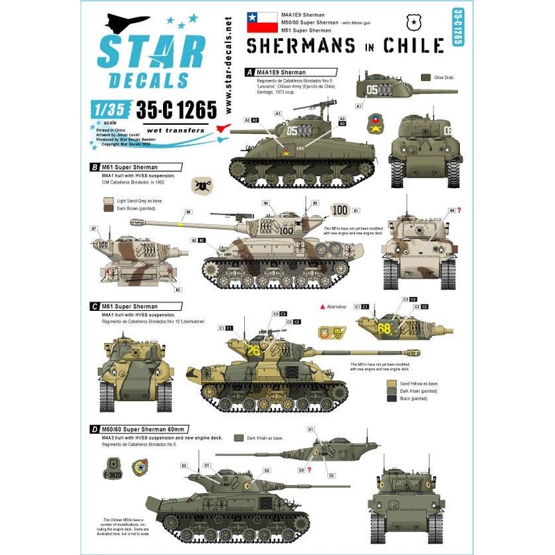 1/35 Shermans in Chile. M4A1E9 Sherman, M50/60 Super Sherman, M51 Super Sherman.