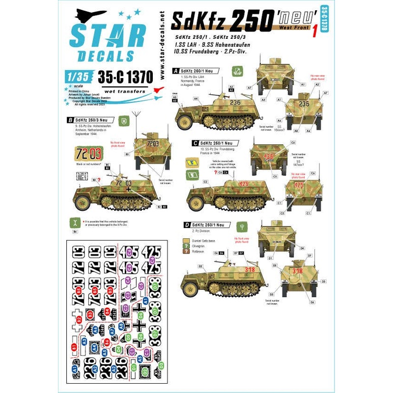 1/35 WWII German Western Front Sd.Kfz.250 Neu #1 2nd Panzer Division / 1st SS Panzer Division LAH / 9th SS Panzer Division Hohenstaufen / 10th SS Panzer Division Frunzberg