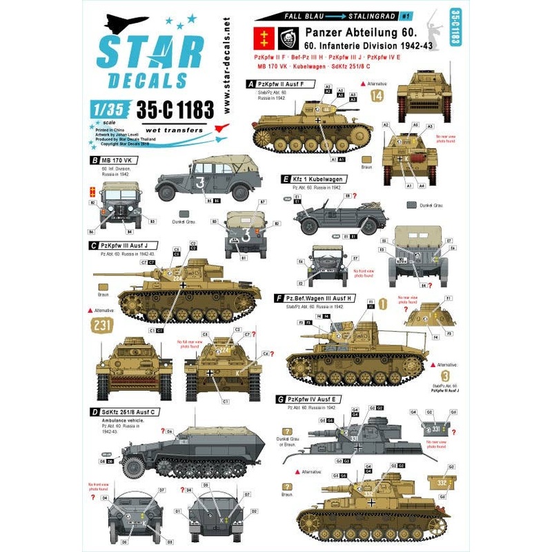 Fall Blau and Stalingrad #1 Pz-Abteilung 60 / 60 Infanterie Division 1942-43.Pz II Ausf F, Pz III Ausf J, Pz IV Ausf E, Mercedes MB 170 VK,Kubelwagen, SdKfz 251/8 Ausf C