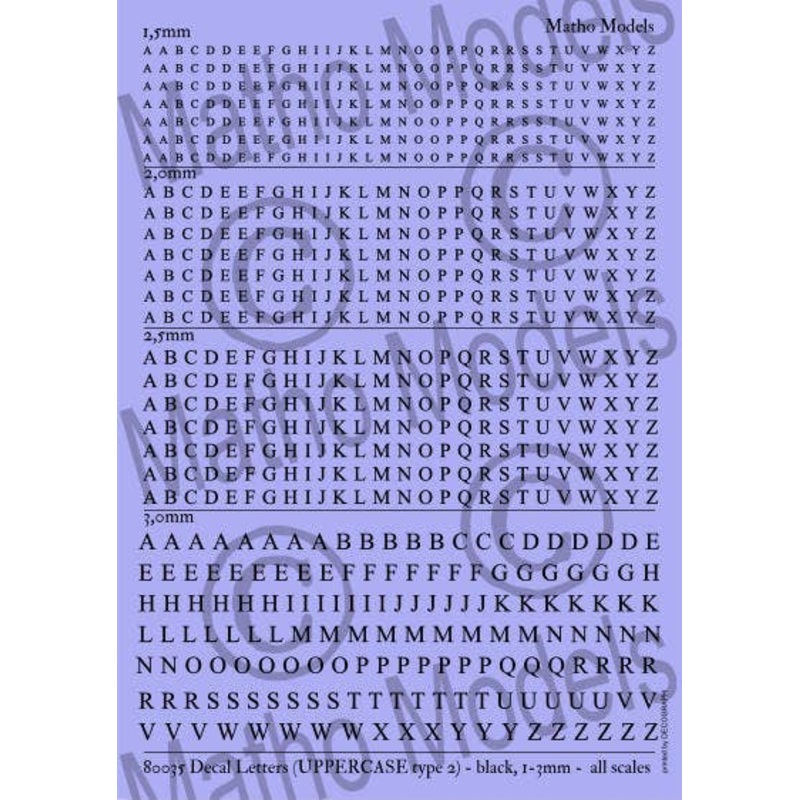 Scale-free Capital Alphabet Decals, Type 2, Black (1.5 - 3mm size)