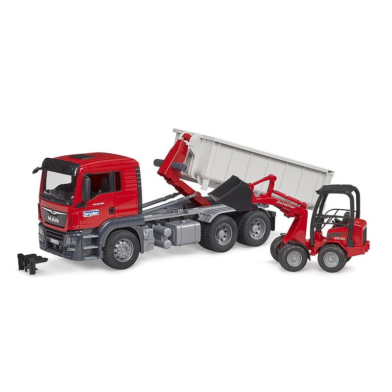 BRUDER MAN TGS TRUCK W/ ROLL OFF CONTAINER AND SHAFFER YARD